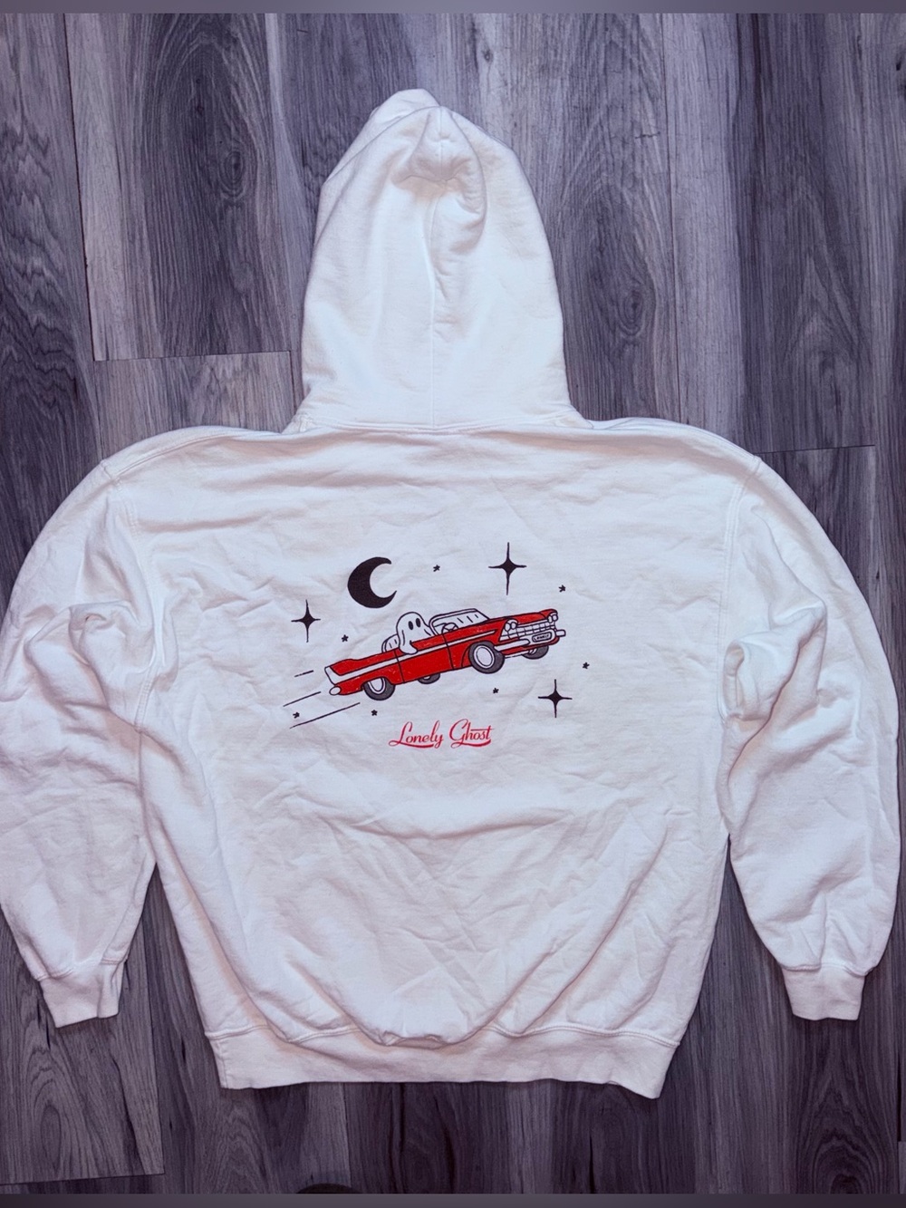 Lonely Ghost Hey Drive Safe Red Car Graphic Hoodie White Womens Size L